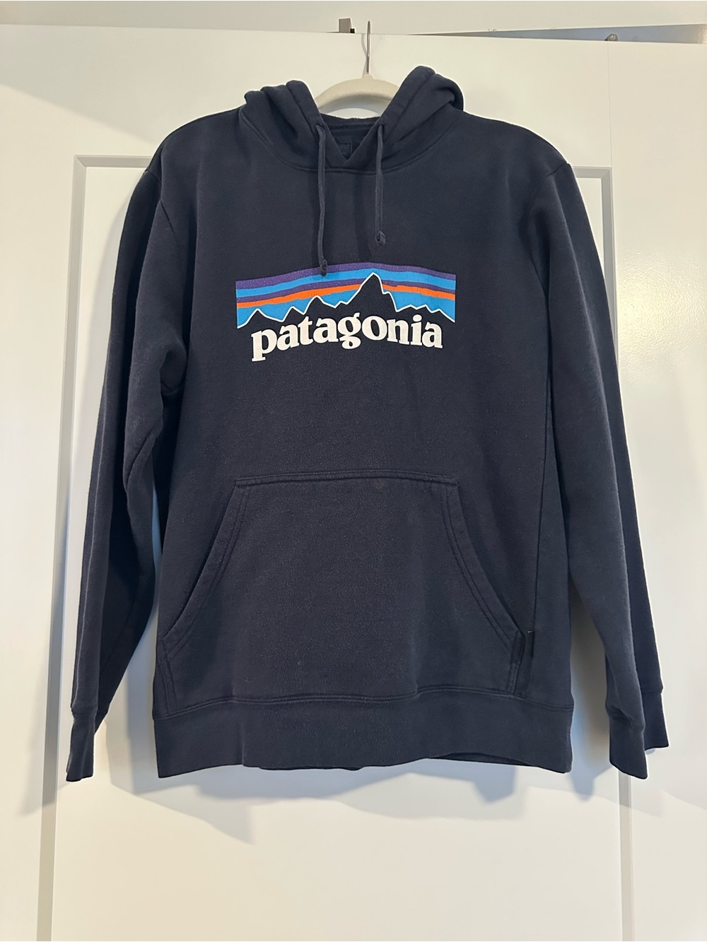 Patagonia Black Pullover Hoodie with Multicolor Mountain Logo
